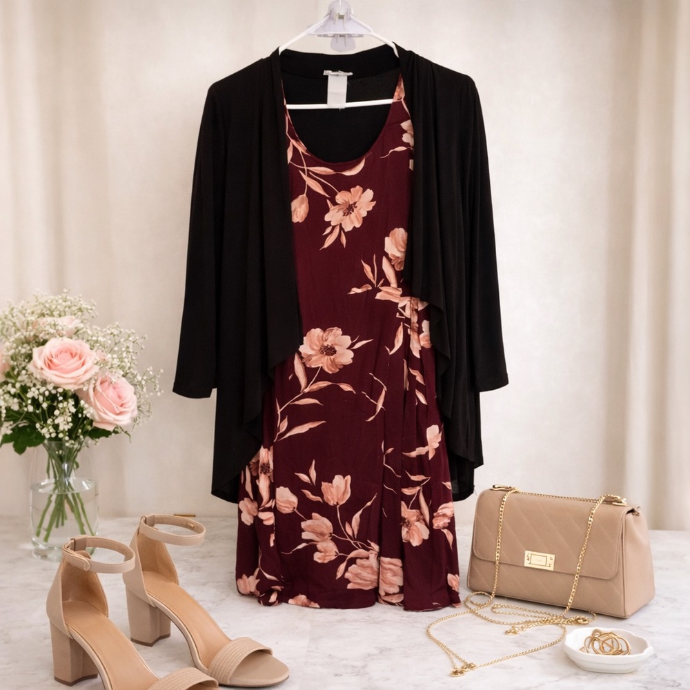 ❤️R&K Black and Pink Floral Maxi Dress Set